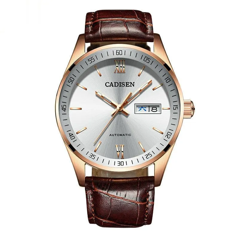 Cadisen C1020 with white dial, rose gold-tone case and day-date window on a brown leather strap