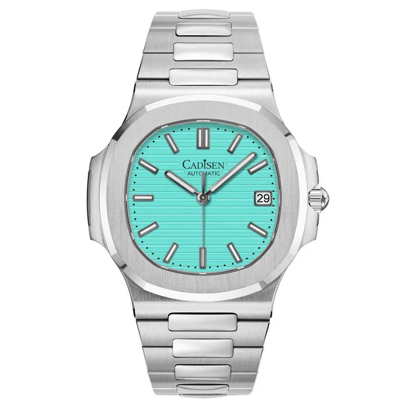 Cadisen C8222 Nautilus-style automatic with turquoise horizontally embossed dial and date at 3 on an integrated steel bracelet