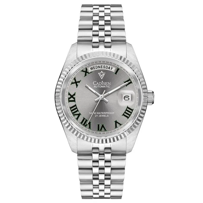 Cadisen C8228 day-date automatic with slate grey dial, green Roman numerals, fluted bezel, day at 12 and magnified date at 3 on a steel jubilee bracelet