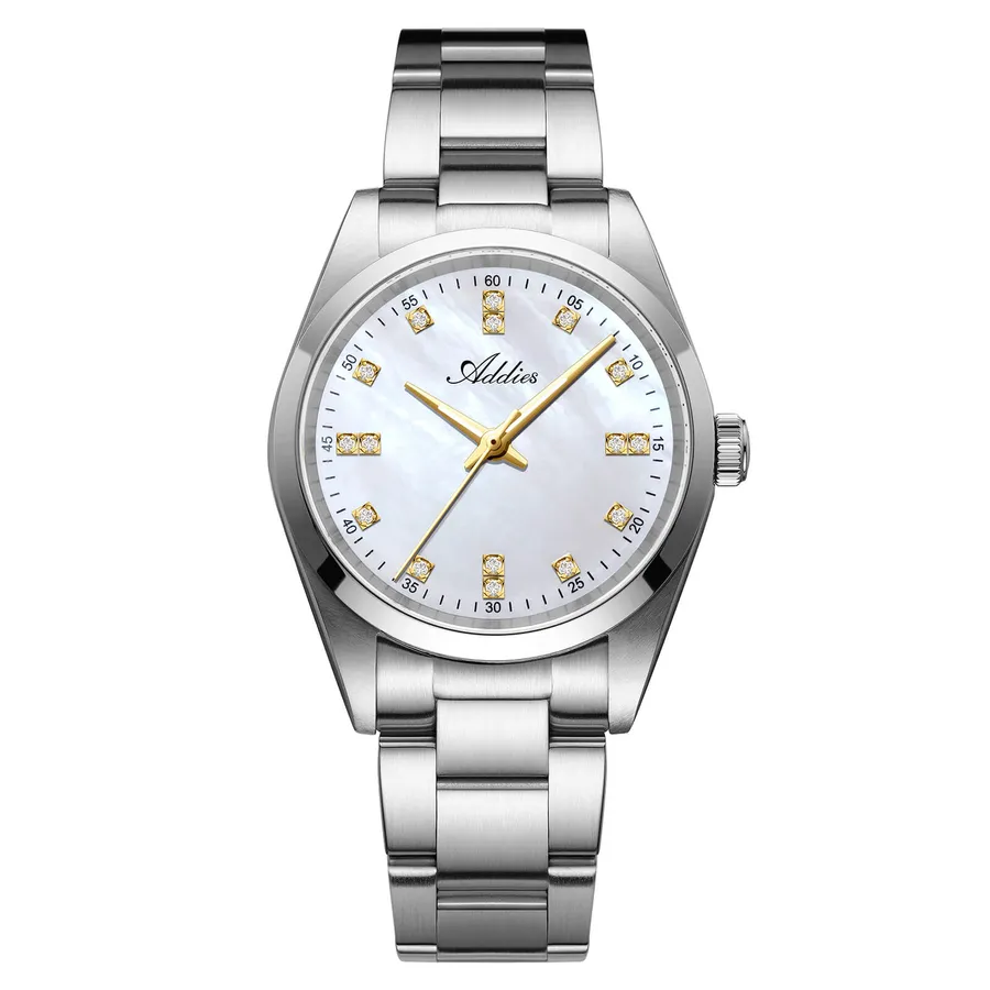 Addies AW25909 with mother-of-pearl dial, crystal markers and gold hands on a three-link steel bracelet