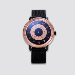 Anicorn Series K452 Rose Gold / Black with a navy and rose-gold disc dial on a black Milanese bracelet