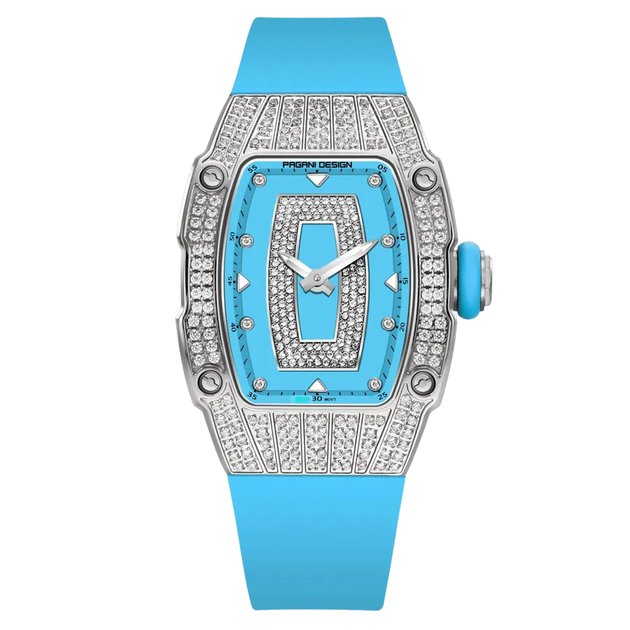 Pagani Design PD-YS013 stone-set tonneau ladies' watch with light blue dial, steel-tone case, on light blue strap