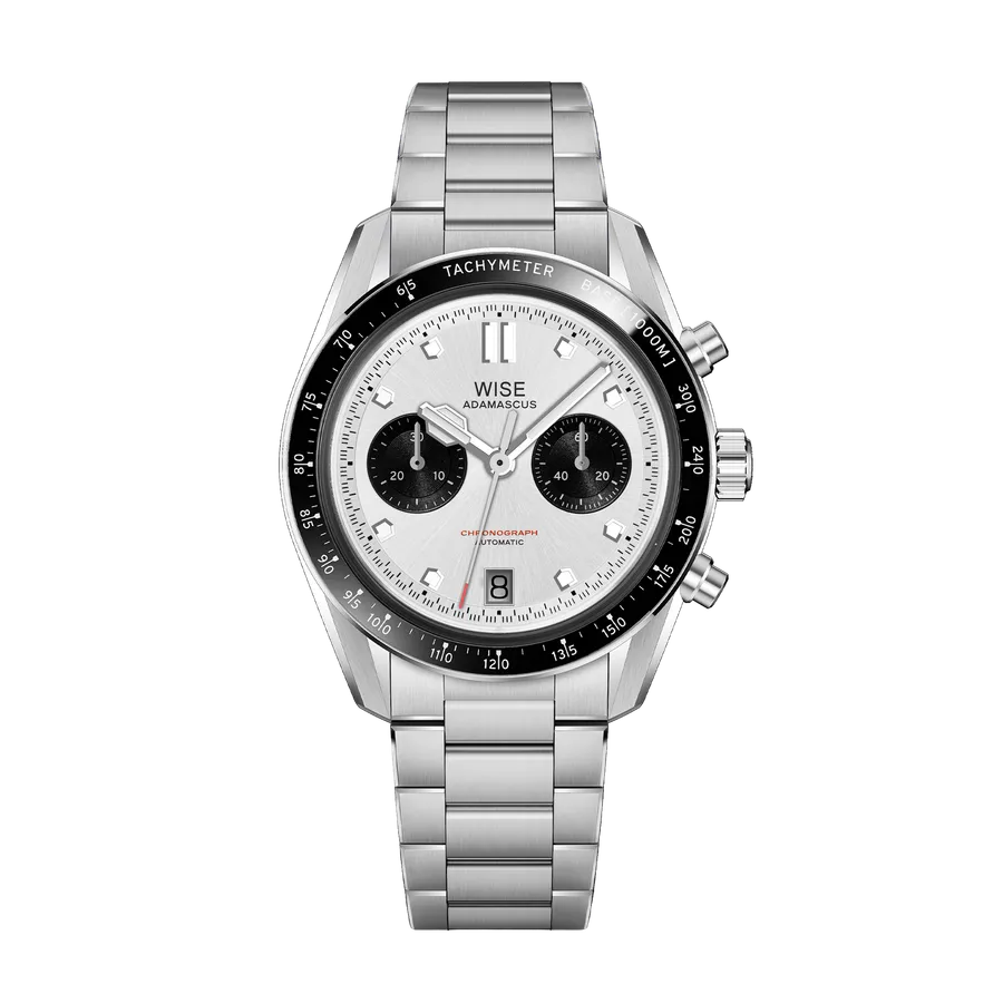 Wise Adamascus AD8CHRO01 chronograph in 904L steel, white panda dial, black ceramic tachymeter bezel, on 904L bracelet