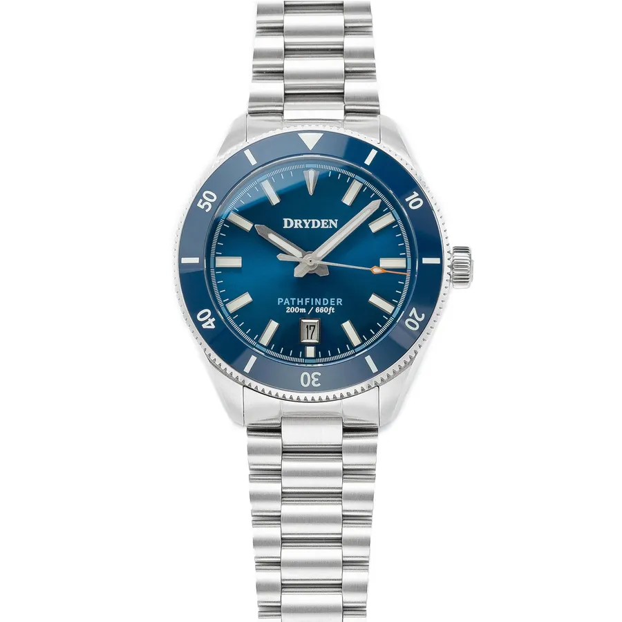 Dryden Pathfinder Midnight Blue, blue sunburst dial with date at 6, blue ceramic bezel, on bracelet