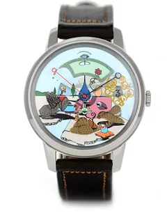 Mr Jones The Indefatigable Sphinx Limited Edition of 2021, earlier version of the dial with a gold hour frame, steel case on dark brown leather, front view