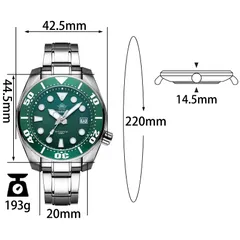 Addiesdive H10 dimension graphic (42.5mm across, 44.5mm top to bottom, 14.5mm, 20mm, 220mm, 193g)
