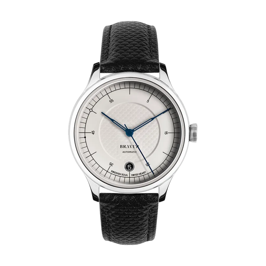 Bravur x Wingårdh Light with white fish-scale dial and blued hands on a black fish-scale leather strap
