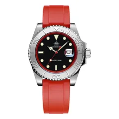 Addiesdive AD2040 with red chapter ring and polished steel bezel on a red rubber strap