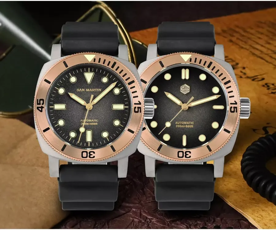 San Martin SN0125-T titanium divers with bronze bezels, sandwich black and gradient black dials, on black rubber straps