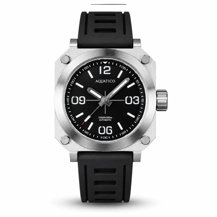 Aquatico Ironblock square steel watch with black dial, on black rubber strap