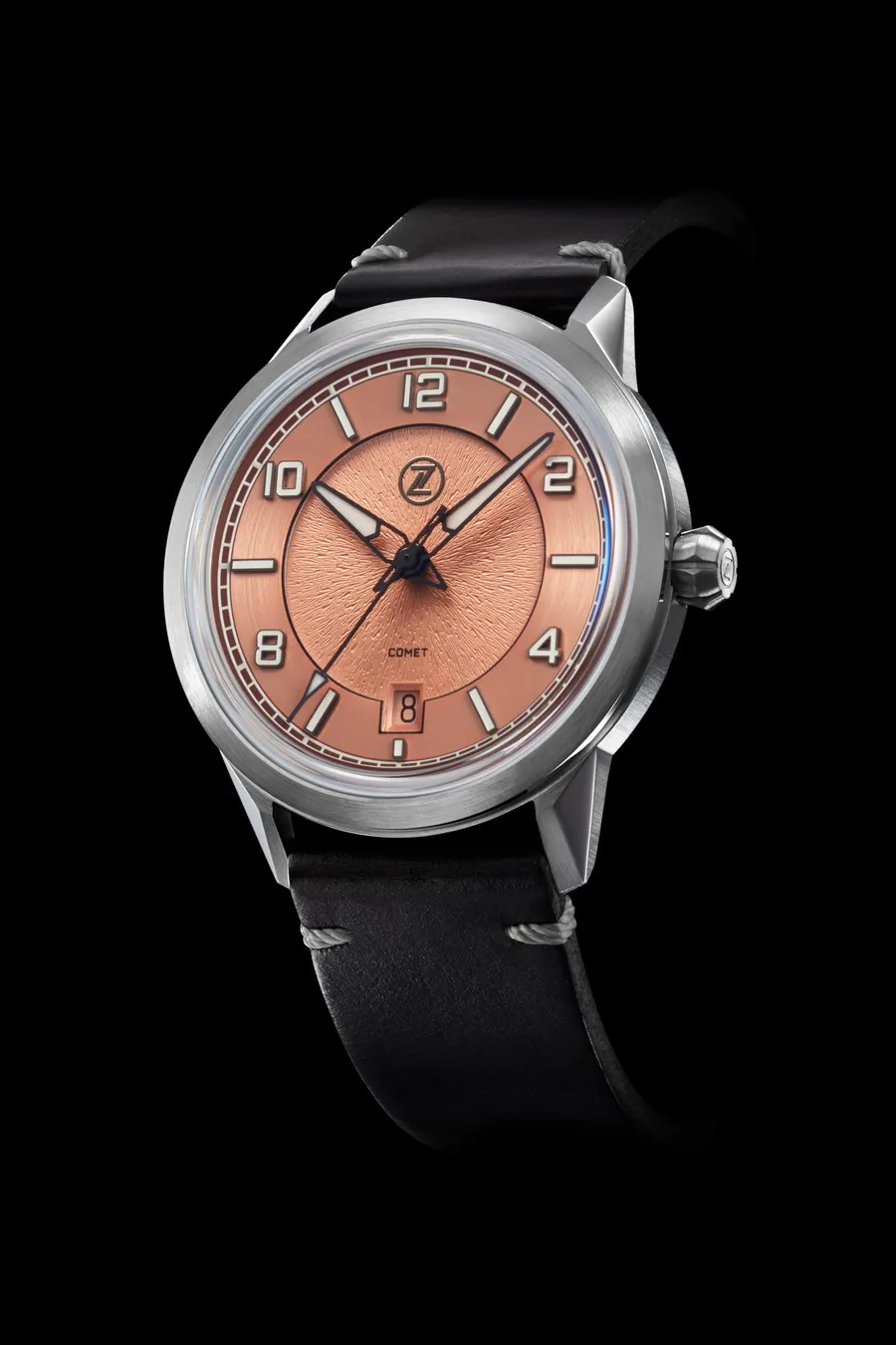 Zelos Comet 39mm (2022) Salmon, salmon sector dial with guilloché centre, on black leather strap