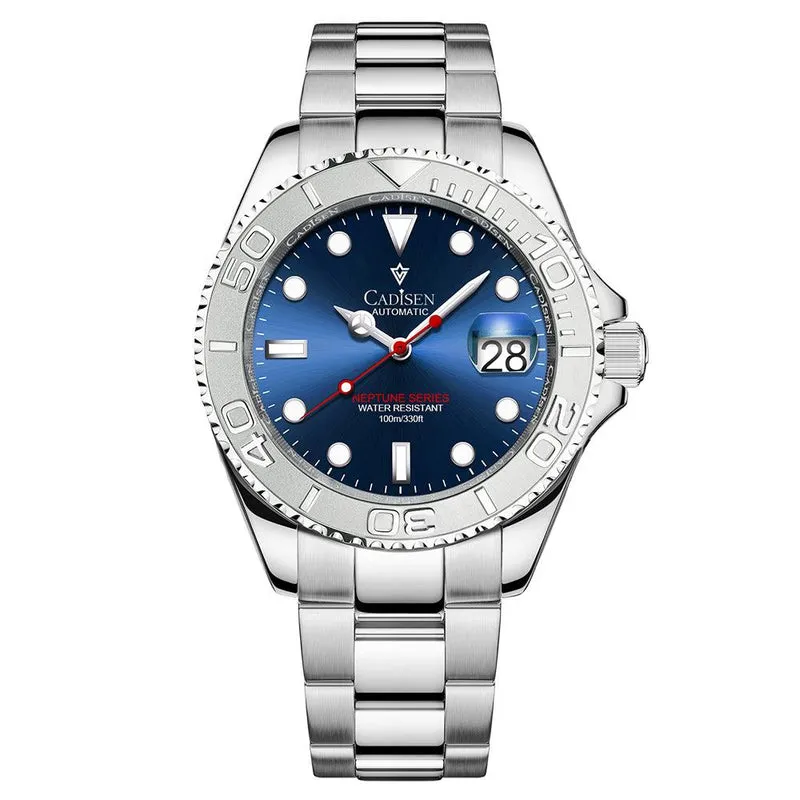 Cadisen C8184 Yacht-Master-style automatic with blue sunray dial, raised-numeral steel bezel and date cyclops on a steel bracelet
