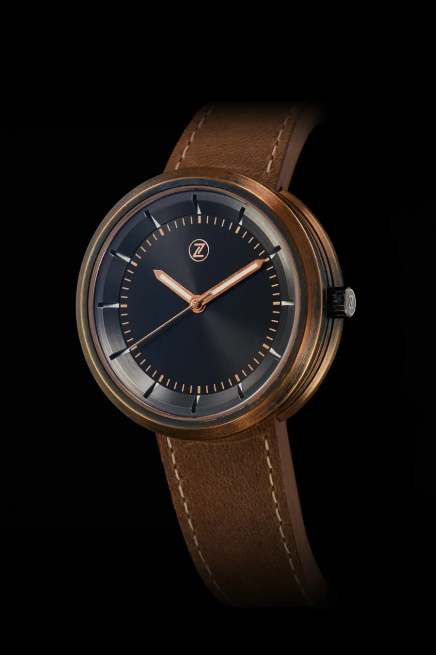 Zelos Chroma 2 Bronze, CuSn8 bronze lugless case, black dial with bronze-tone hands, on brown leather strap