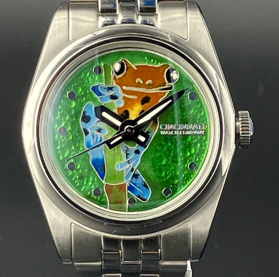 Cincinnati Watch Company Poison Dart Frog, cloisonné enamel blue poison dart frog on a green enamel dial, on a five-link bracelet