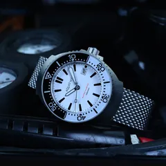 Aquatico Super Marine with white full-lume dial and black and white bezel, on steel mesh bracelet
