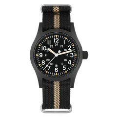 Militado ML05 (VH31) in black PVD with black field dial without logo on black nylon strap with a khaki stripe