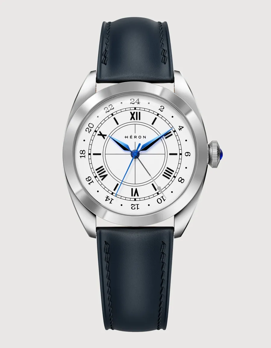 Héron Mirabel GMT with white sector dial and 24-hour scale on blue leather strap