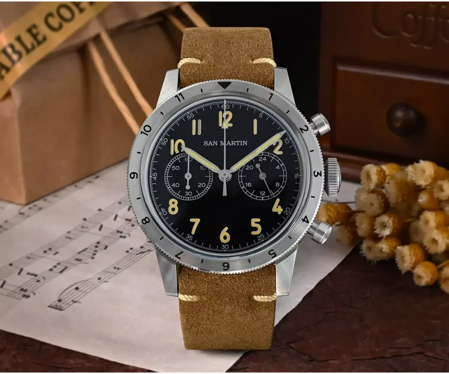 San Martin SN0127-G-JS pilot chronograph with black dial, Arabic numerals and steel 12-hour bezel on brown suede strap