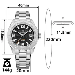 AddiesKIN K007 dimension graphic (40mm, 45.8mm lug-to-lug, 11.5mm, 20mm, 220mm, 144g)