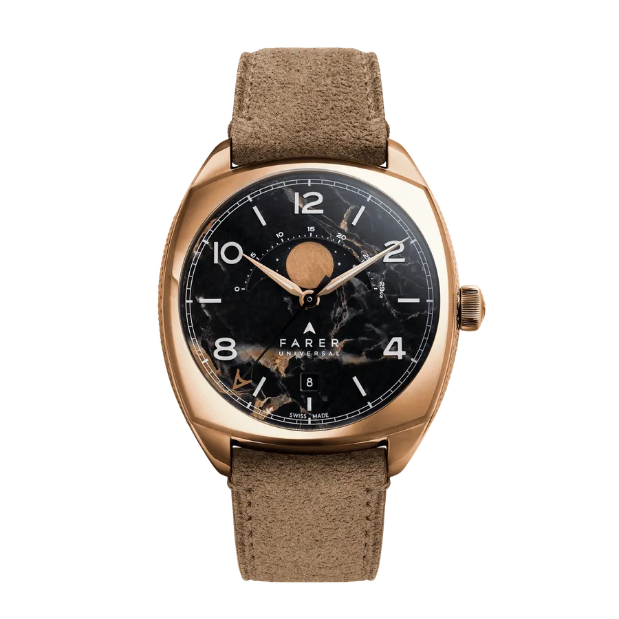 Farer Moonphase Stratton, black Eisenkiesel stone dial and gold PVD case, on brown suede leather strap