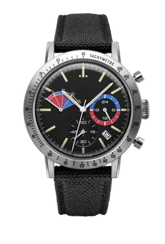 Undone Urban Circuit chronograph with black, red and blue dial and brushed steel tachymeter bezel on a black Cordura strap