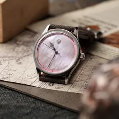 Watchdives WD2008 with pink mother-of-pearl dial without numerals on a khaki leather strap