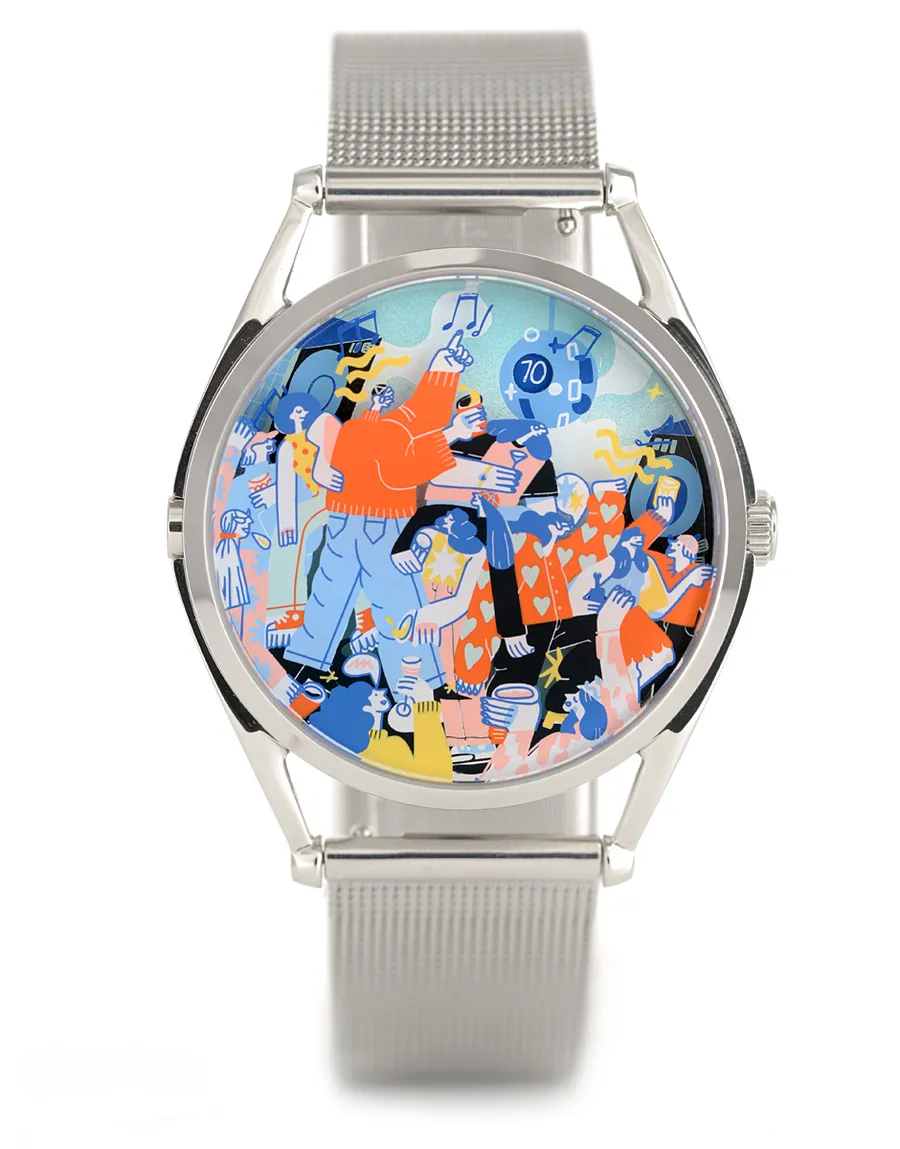 Mr Jones Houseparty, crowded party scene with a mirrorball and musical notes, steel open-lug case on steel mesh, front view