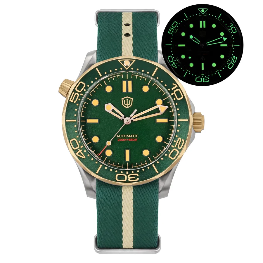 Watchdives WD007 V4 with green no-date dial and bronze-tone bezel on green nylon strap