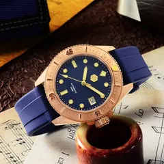 San Martin SN040-Q2 bronze diver with blue dial and date at 3 on blue rubber strap