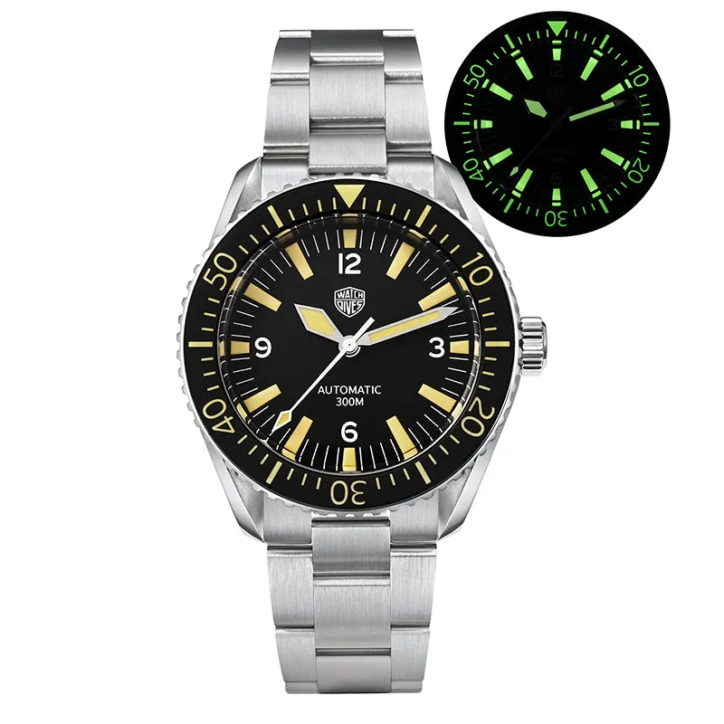 Watchdives WD1967 Sharkmaster 300 V2 with matte black dial and C3 lume on the steel bracelet, old logo