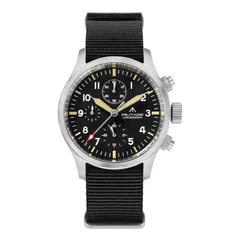 Militado ML1868-3 chronograph with black dial and broad-arrow logo on black nylon strap