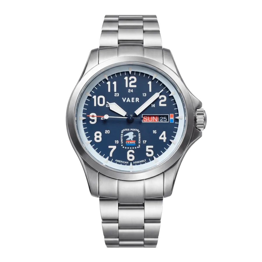 Vaer C5 Postmaster 40mm, navy USPS dial with day-date at 3, on steel bracelet