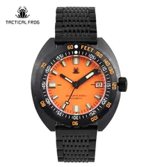 Tactical Frog Sub 300T V2 with orange dial and black PVD case on black mesh bracelet