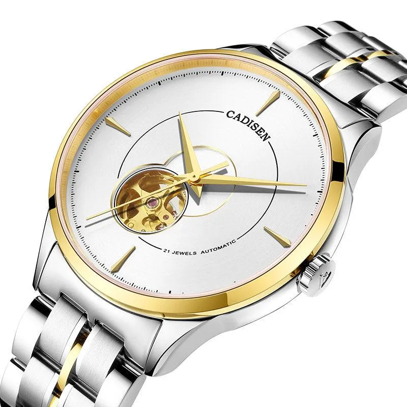 Cadisen C8158 open-heart automatic with white dial and gold-tone bezel in two-tone steel and gold-tone