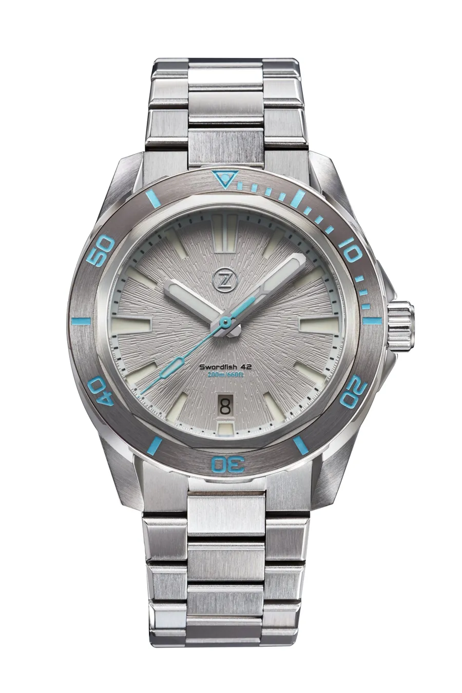 Zelos Swordfish 42mm, cool grey dial and grey ceramic bezel, on steel bracelet