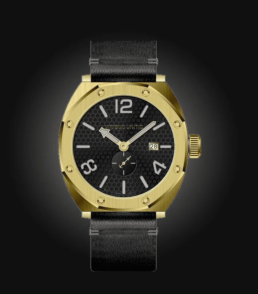 Viribus Unitis IR58, gold PVD case, textured black dial, on black leather strap