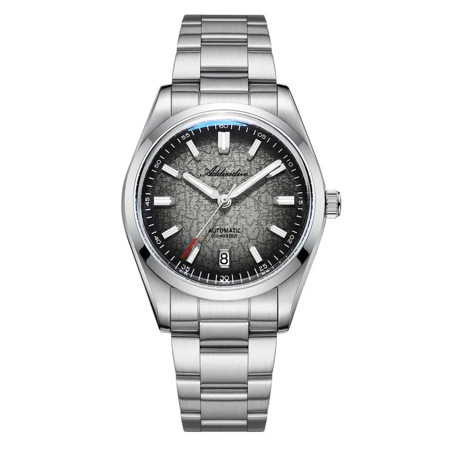 Addiesdive AD2091 with gray gradient textured dial, applied faceted baton indexes, date at 6 and three-link bracelet