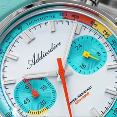 Addiesdive AD2529/AD2549 dial close-up with sand-textured sub-dials and coloured tachymeter flange