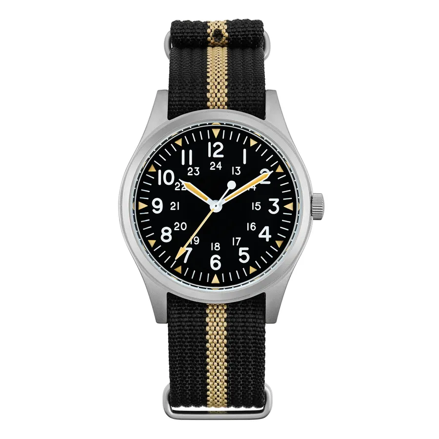 Militado ML07B with vintage matte black dial on black nylon strap with a khaki stripe