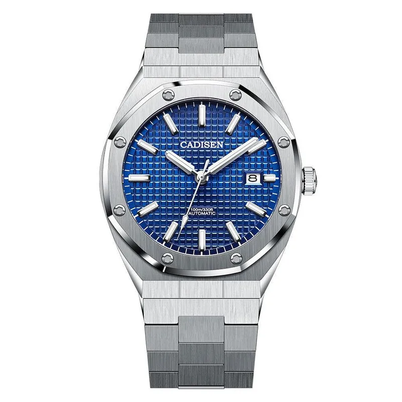 Cadisen C8180 Royal Oak-style automatic with blue grid-pattern dial on the integrated steel bracelet