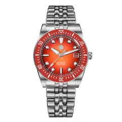 San Martin SN0148-GX1 37.5mm with gradient orange red dial, red ceramic bezel and bar hands on five-link bracelet