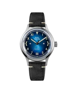 Studio Underd0g 02SERIES Gen2 Cali Blue field watch on black leather strap, front view