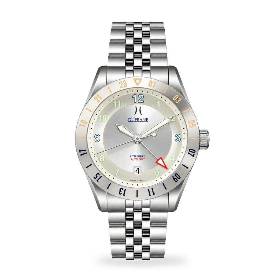 DuFrane Littlefield GMT America 250 Edition, white dial, steel 24-hour bezel, on 5-link bracelet