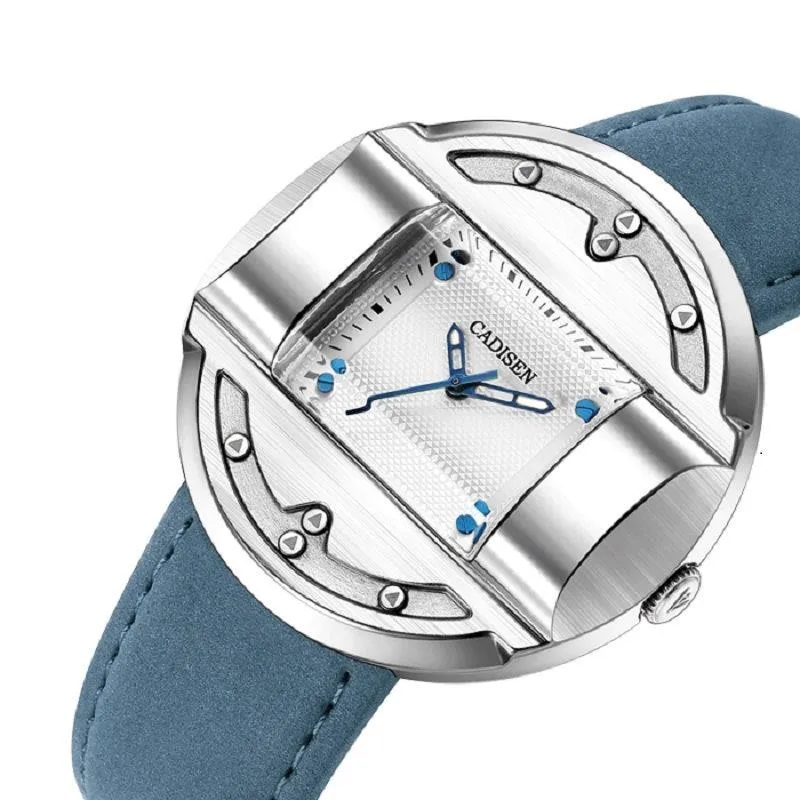 Cadisen C2027M with a rectangular silver dial inside a round silver-tone case on a blue leather strap