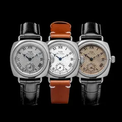 Three Thorn T002 watches with diamond-grid dials on leather straps