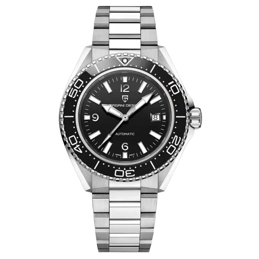 Pagani Design PD-YS034 diver with black dial, black 60-minute bezel and date at 3, on steel bracelet