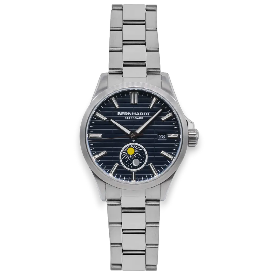 Bernhardt Starboard, ocean-blue textured dial with sun and moon 24-hour indicator, on steel bracelet