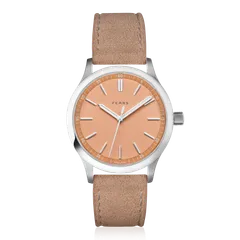 Fears Redcliff 39.5 Soft Peach with matte peach dial on a mocha Alcantara strap