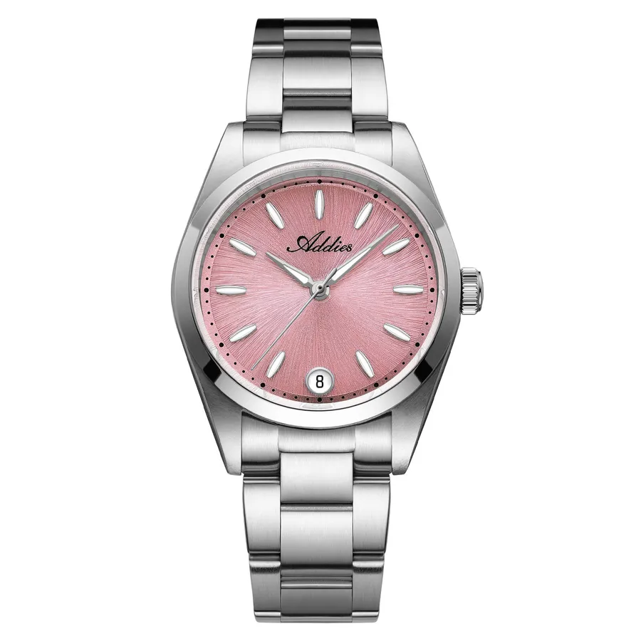 Addies AW25907 with pink sunburst dial, date at 6 and three-link steel bracelet