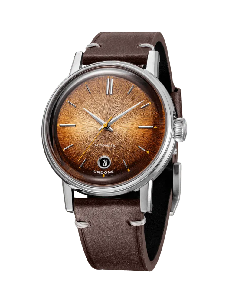 Undone Enamel Ambra with amber enamel dial on a brown leather strap